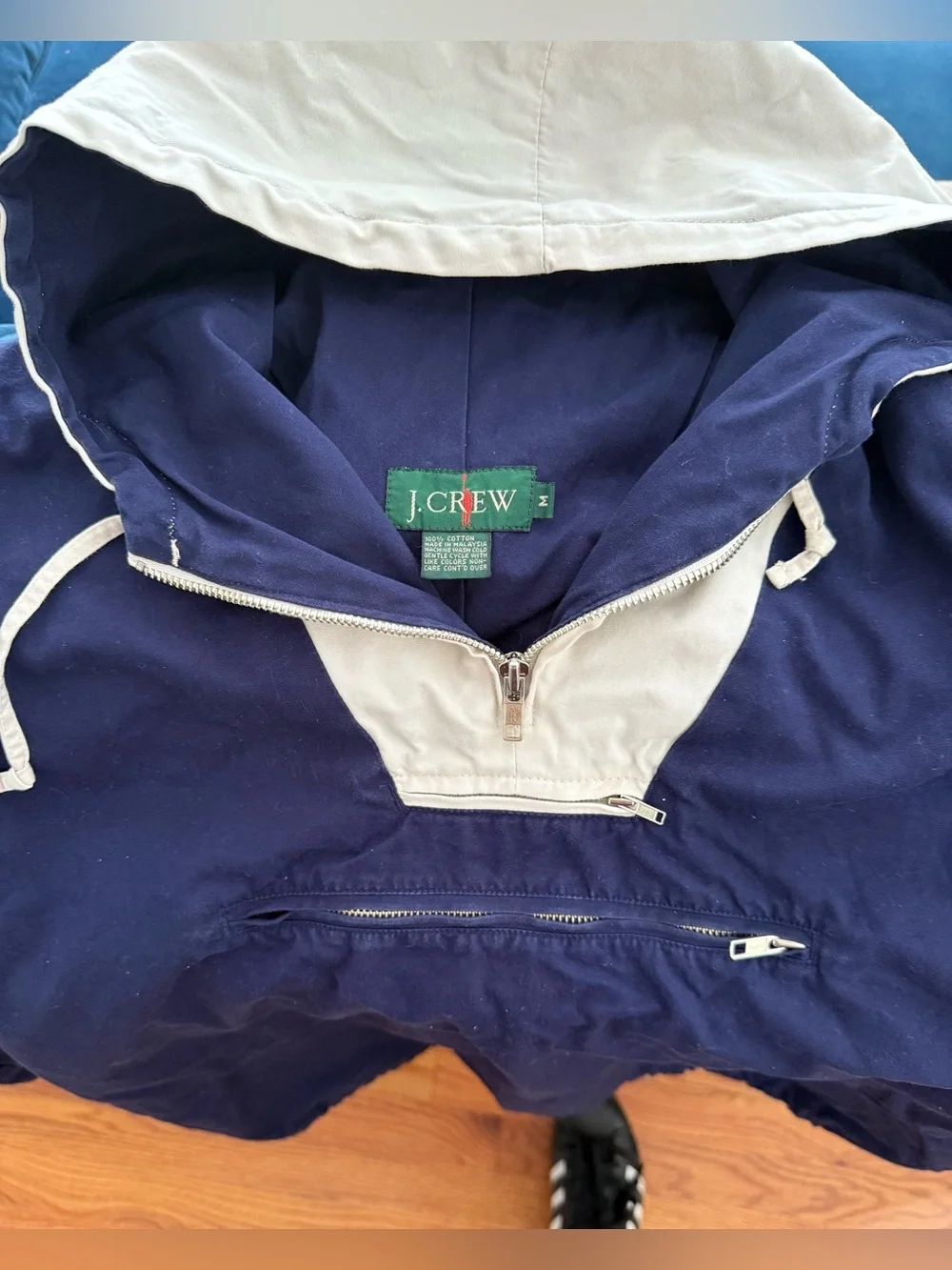 Vintage 1980's 1990’s J.Crew Two-Tone Anorak Parka Pullover Size M Blue White